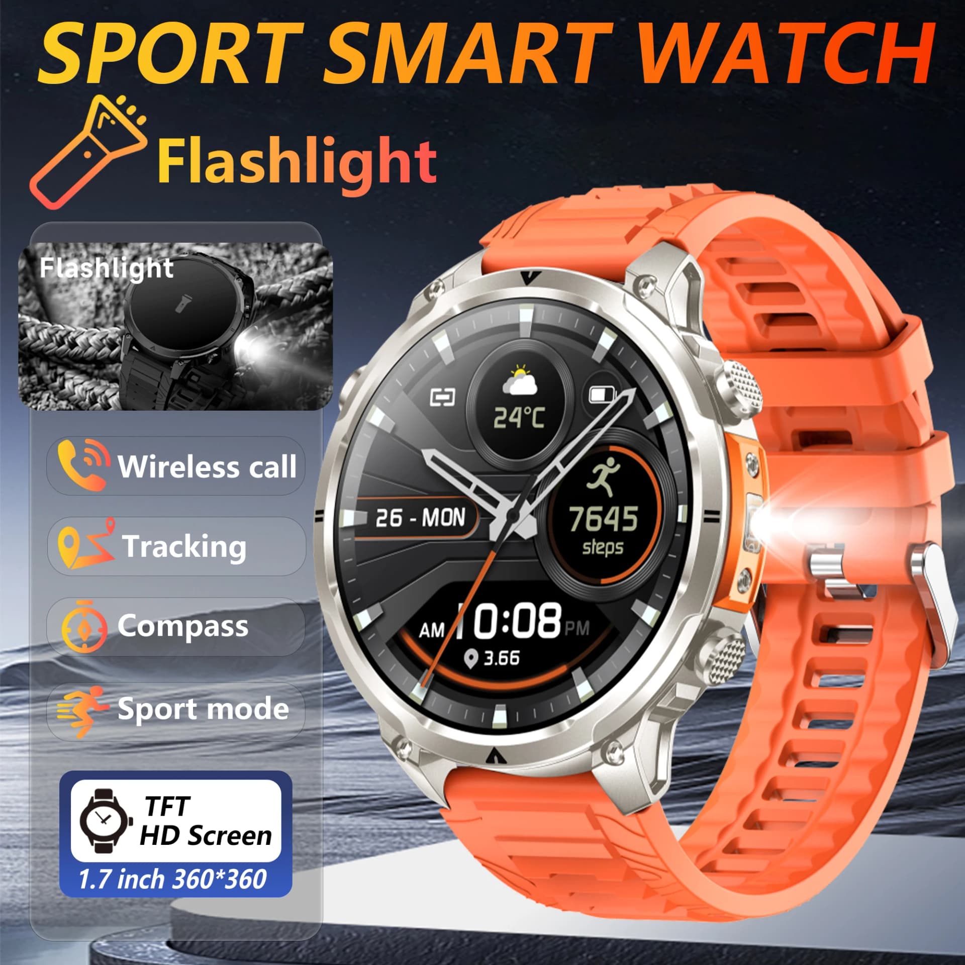 The 2025 new smart watch is equipped with a strong flashlight, supports Bluetooth calls, 1.7-inch HD screen, health monitoring