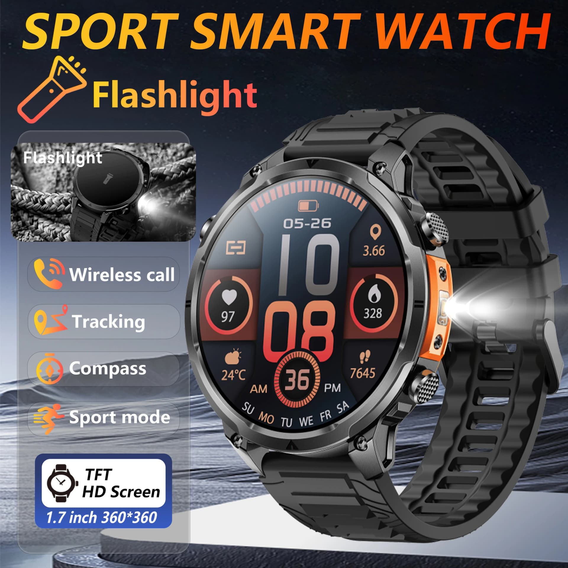 The 2025 new smart watch is equipped with a strong flashlight, supports Bluetooth calls, 1.7-inch HD screen, health monitoring
