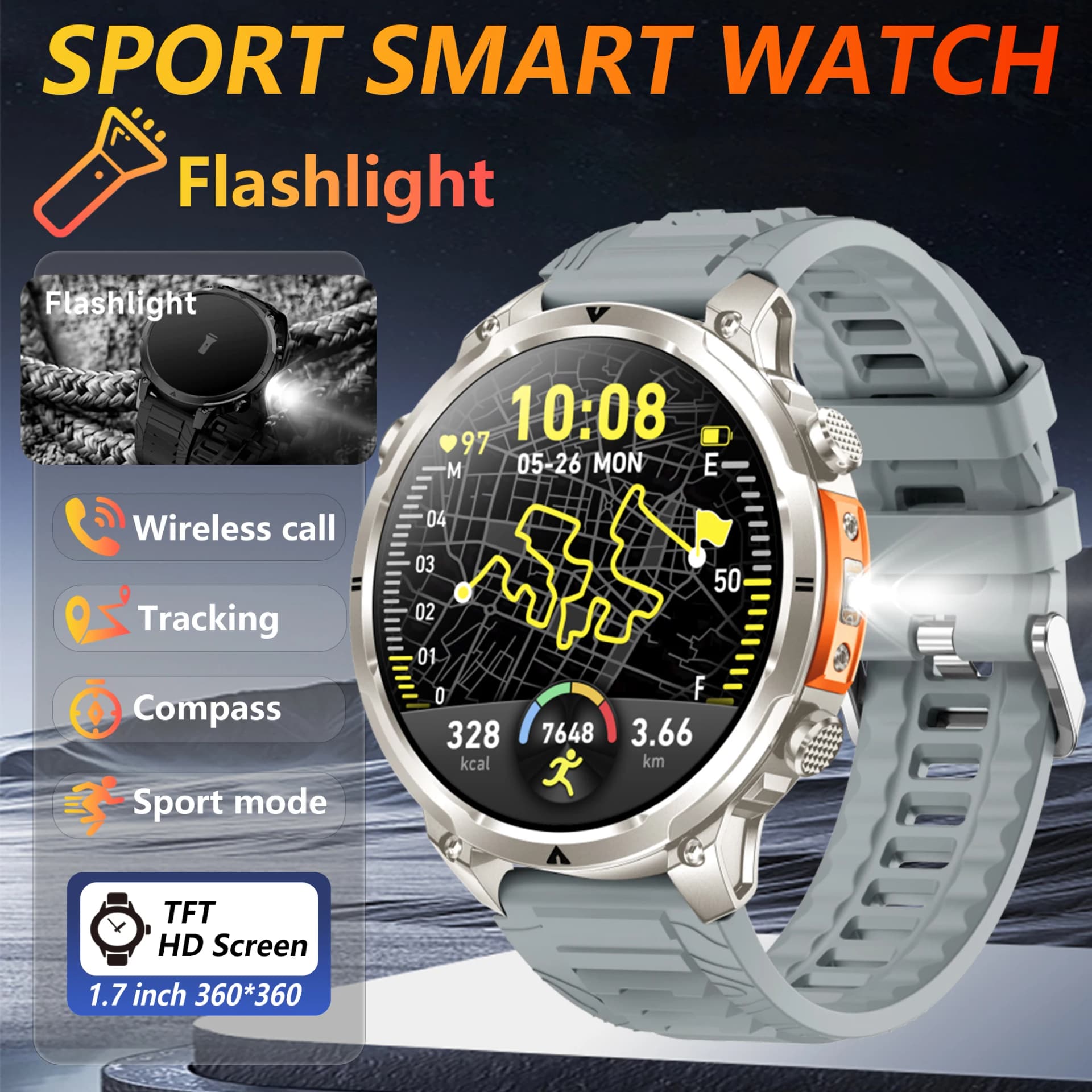 The 2025 new smart watch is equipped with a strong flashlight, supports Bluetooth calls, 1.7-inch HD screen, health monitoring