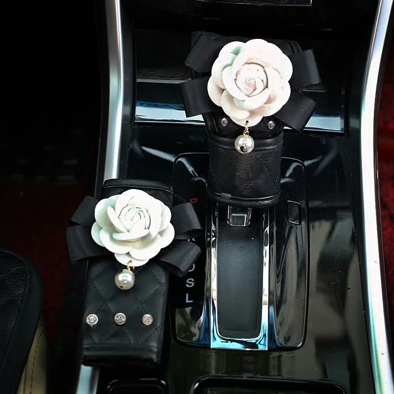 Camellia Flower Car Interior Accessories Crystal Leather Steering Wheel Cover Seat Belt Shifter Cover Auto Headrest Mirror Case