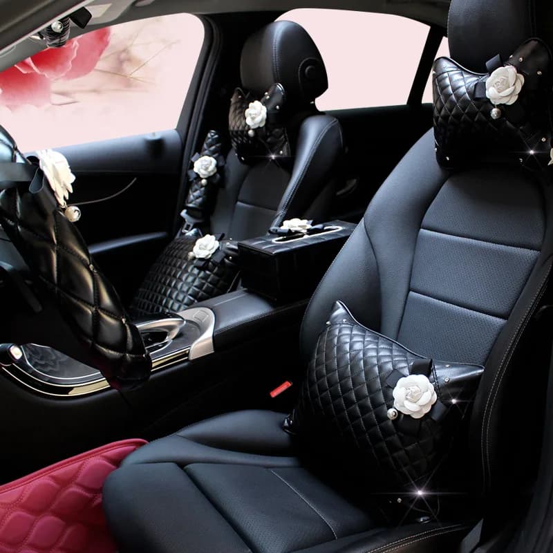 Camellia Flower Car Interior Accessories Crystal Leather Steering Wheel Cover Seat Belt Shifter Cover Auto Headrest Mirror Case