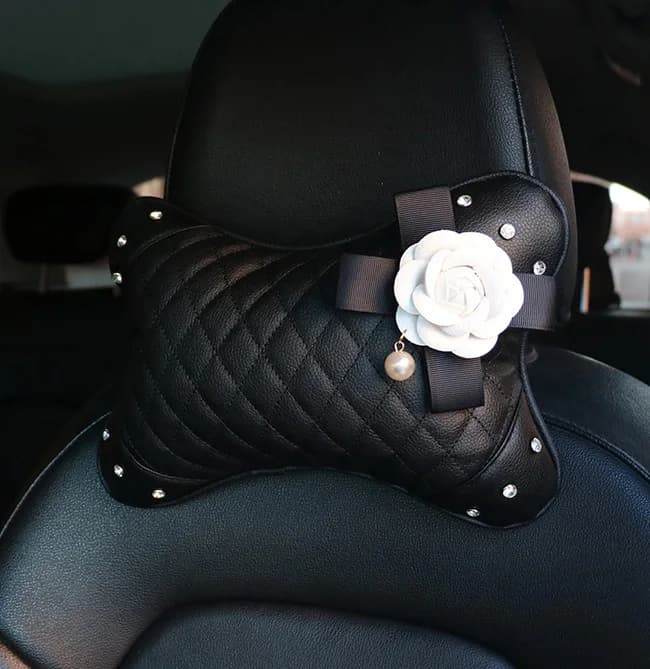 Camellia Flower Car Interior Accessories Crystal Leather Steering Wheel Cover Seat Belt Shifter Cover Auto Headrest Mirror Case