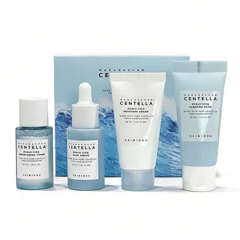 Korean Centella Hyalu-Cica Travel Kit,Toner, Ampoule Serum,Face Moisturizer Cream and Night Sleeping Pack Mini 4pcs Skincare Set