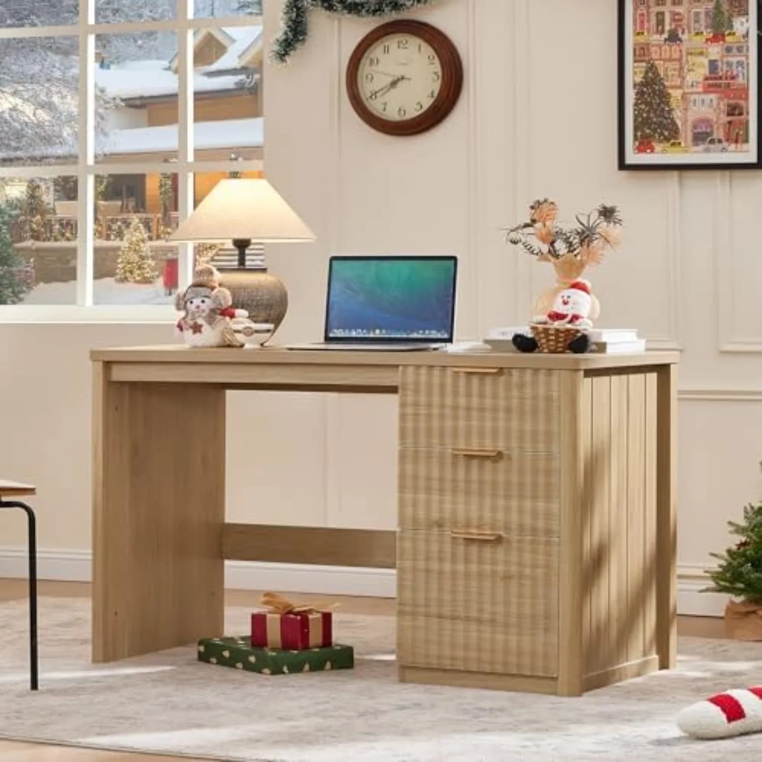 Office Desk 48" with 3 Drawers Storage File Cabinet | Wood Fluted Work Study Escritorio Desks for Computer Office