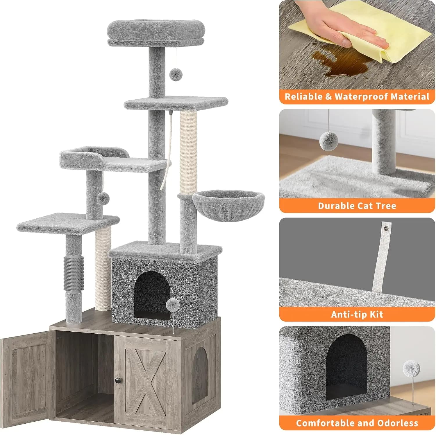 Cat Tree,Modern Cat Tower with Litter Box Enclosure,Large Condo with Food Station, Storage, Scratching Posts, Cave, Hammock