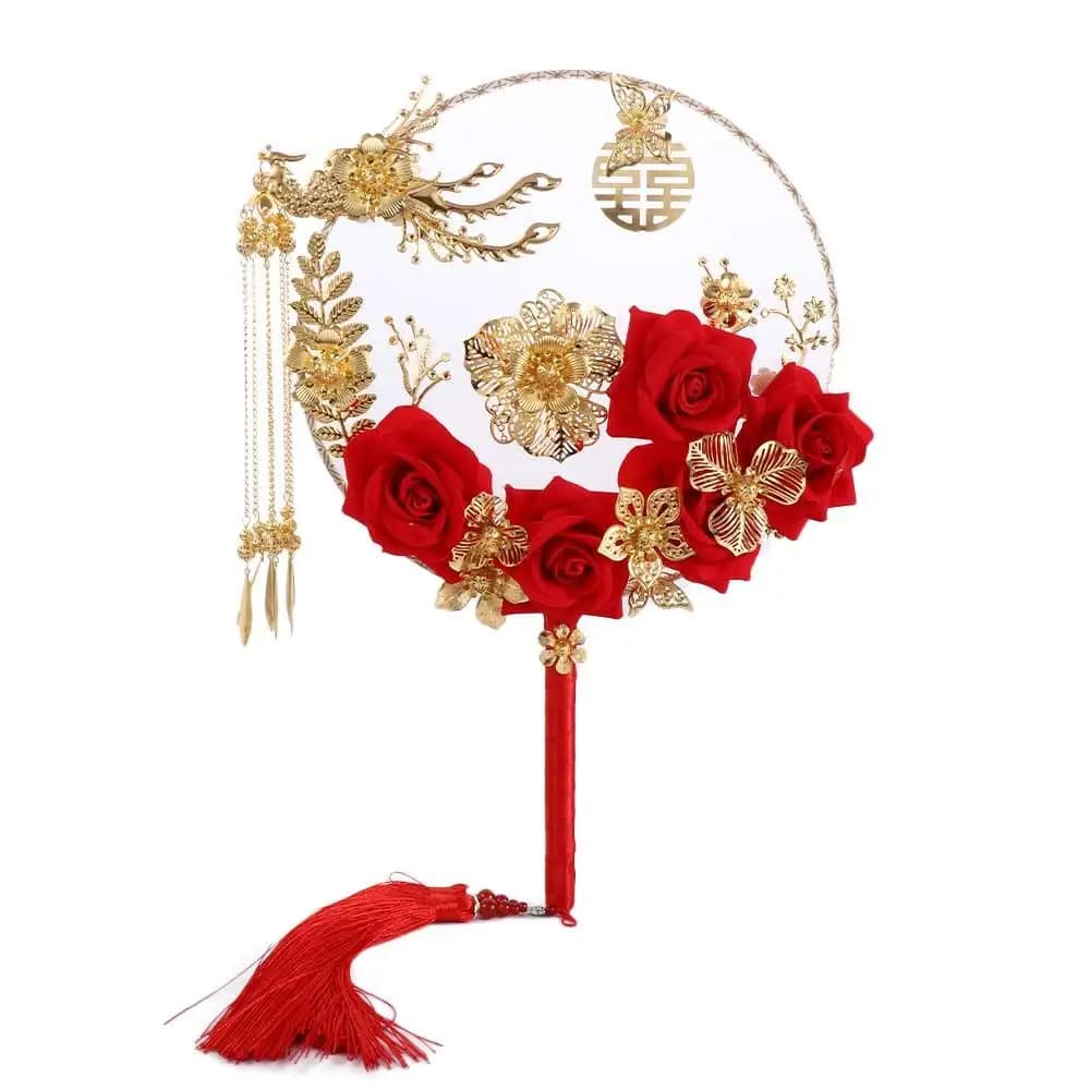 Chinese Wedding Decoration Prop Wedding Decorative For Bride Gold Red Bridesmaid Decor Craft Photography Ornaments Fan Bouquet