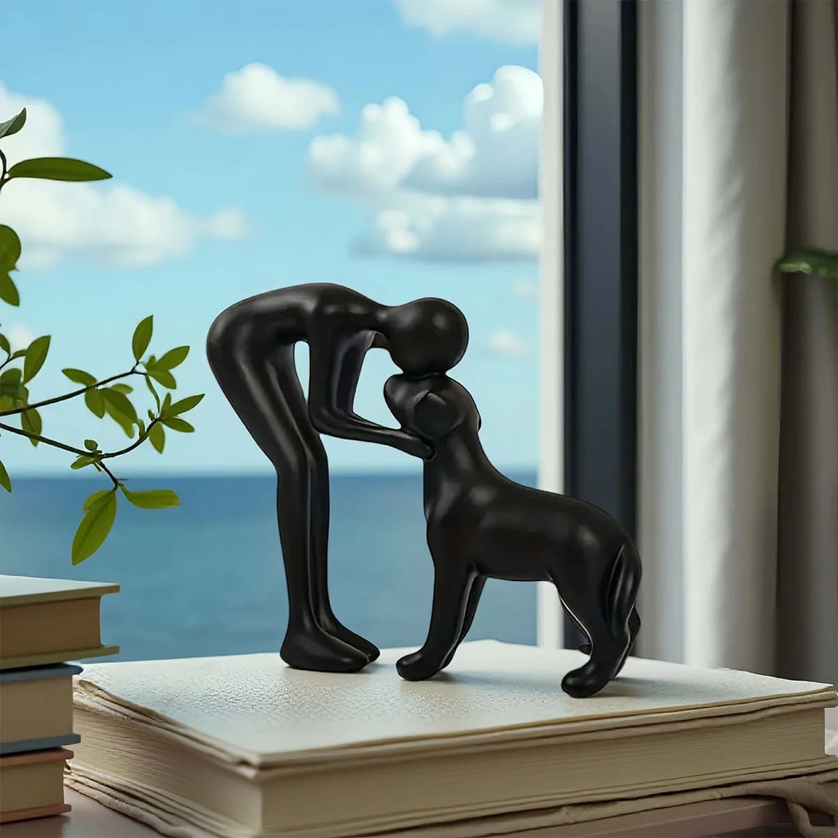 An elegant and simple black dog and owner statue, a warm gift for pet lovers and a home table decoration that is not easy to bre