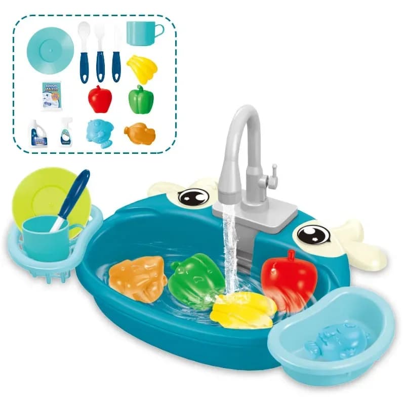 Kids Kitchen Sink Toys Electric Dishwasher Playing Toy with Running Water Pretend Play Food Fishing Toy Role Playing Girls Gift