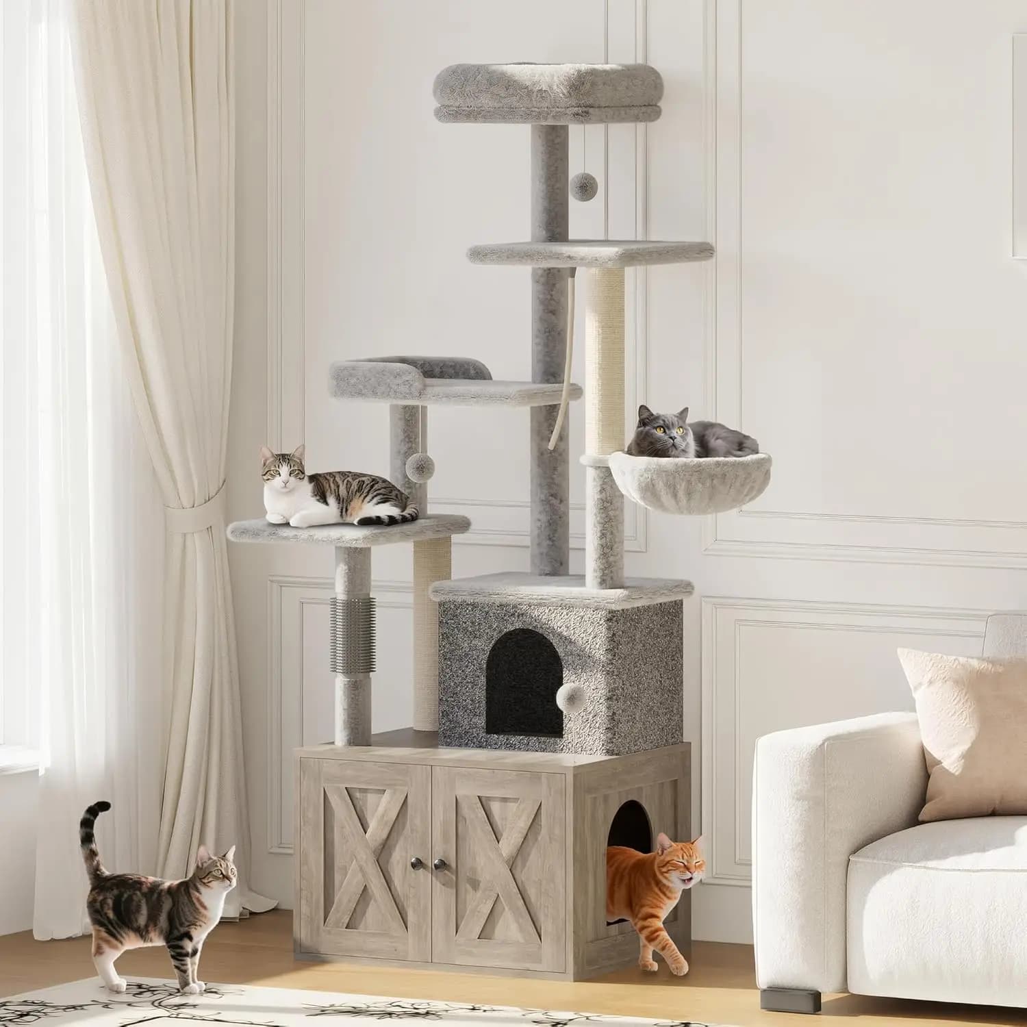 Cat Tree,Modern Cat Tower with Litter Box Enclosure,Large Condo with Food Station, Storage, Scratching Posts, Cave, Hammock
