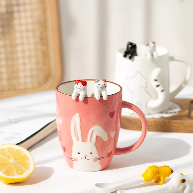 Ceramic Cartoon Cute Cat Animal Mixing Spoon Hanging Short Handle Coffee Dessert Spoon Flatware Kitchen Tool