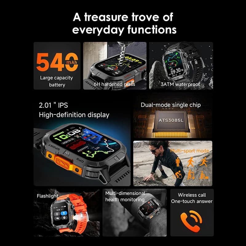 Smart Watch 2.01-inch Screen 540mAh 6 Satellite Positioning System 100+ Sports Modes IP68 Waterproof Bluetooth Call Smart Watch
