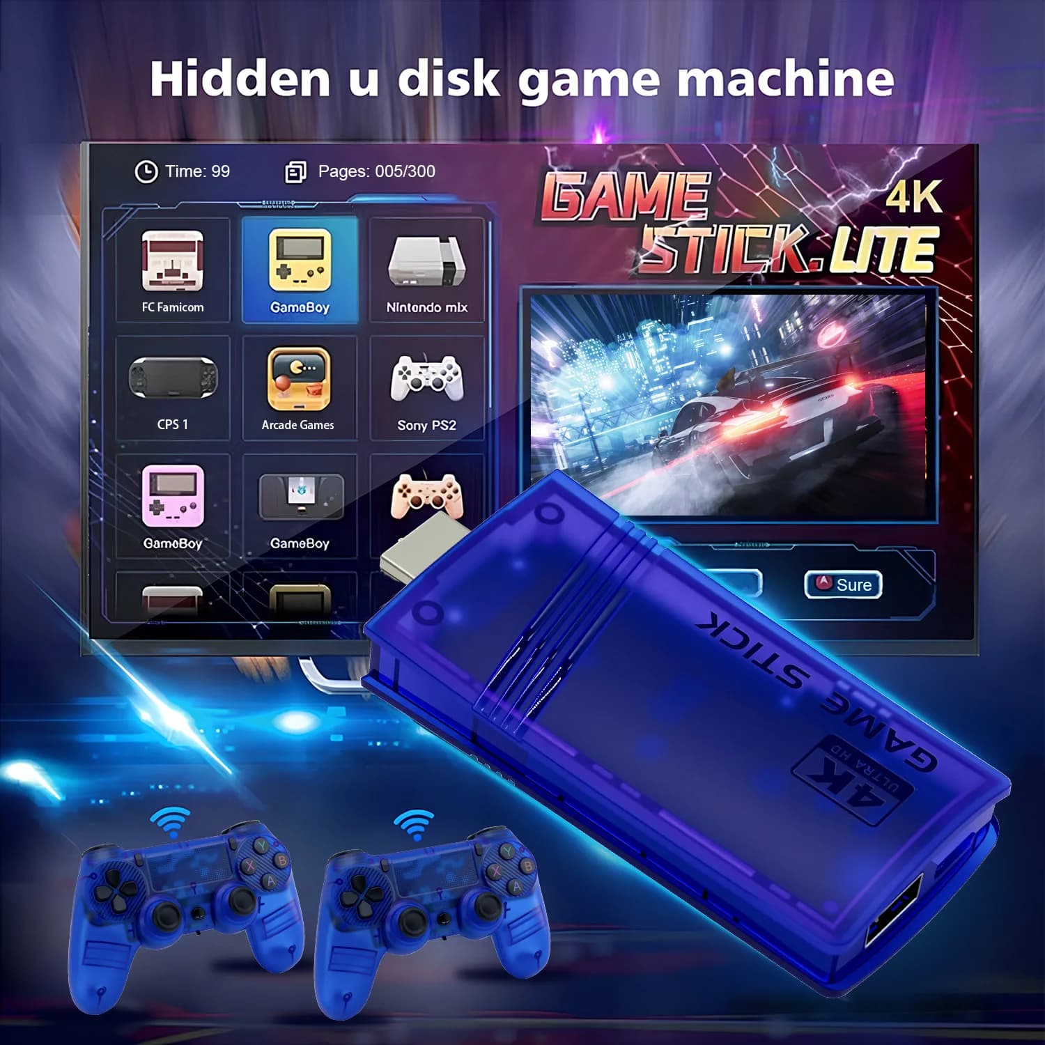 The GS5mini retro game console features dual wireless controllers, supports 4K high-definition output, and two-player gaming.