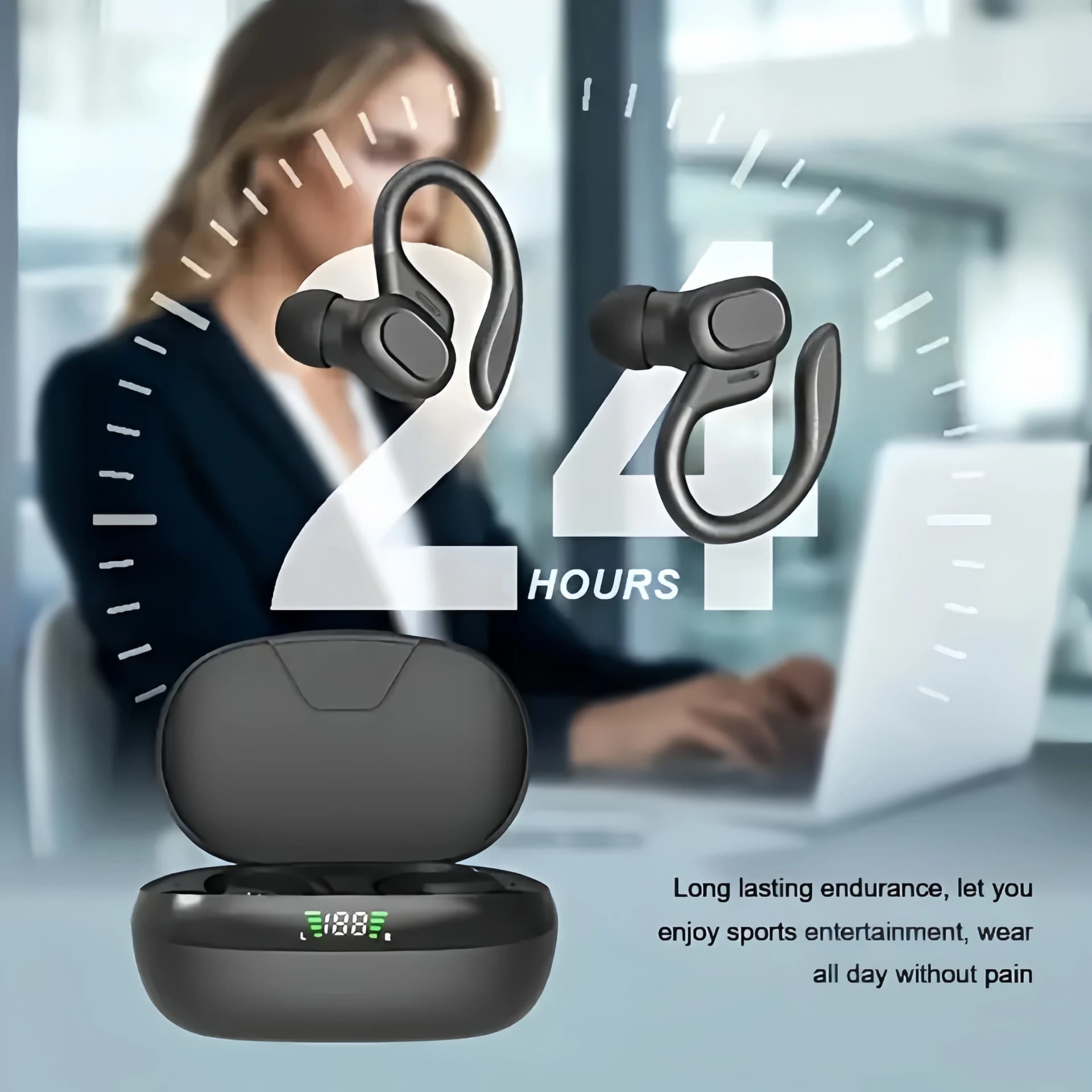 True Wireless Earbuds, Tws Headphones with Microphone, Sports Ear Clip Headphones, Stereo In-Ear Headphones with Led Display