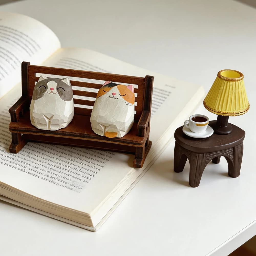 Hand Carved Wooden Cat Figurines Cute Kitten Statue with Mini Bench Home Orange Calico Cat Ragdoll Cat Desktop Ornament Gift
