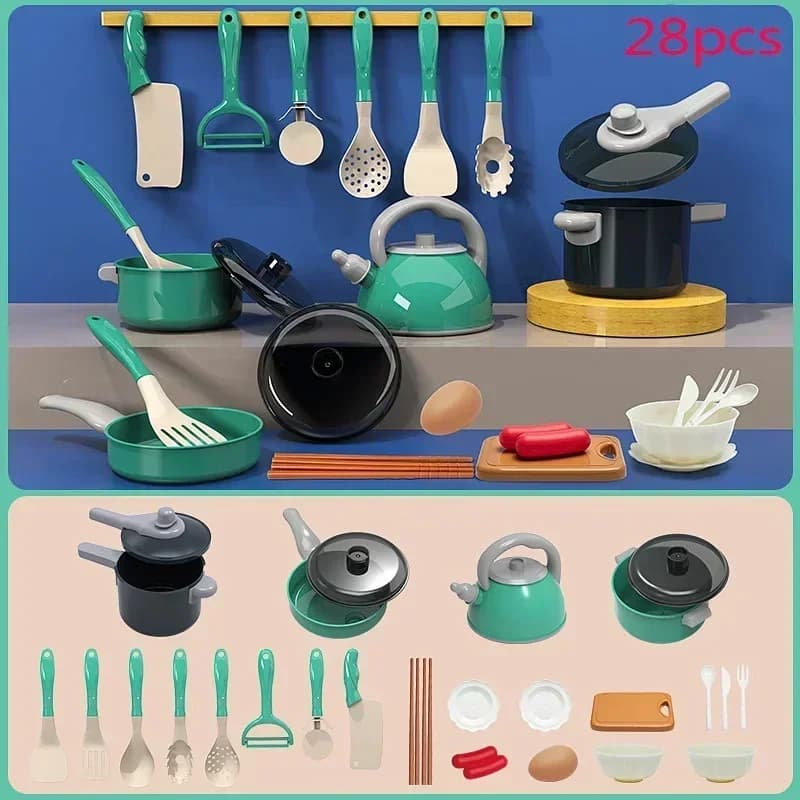 Kids Kitchen Toys Set 28 PCS Play Kitchen Accessories Kit with Play Pots Pretend Food Cooking Toy Toddler Girls Boy Gifts