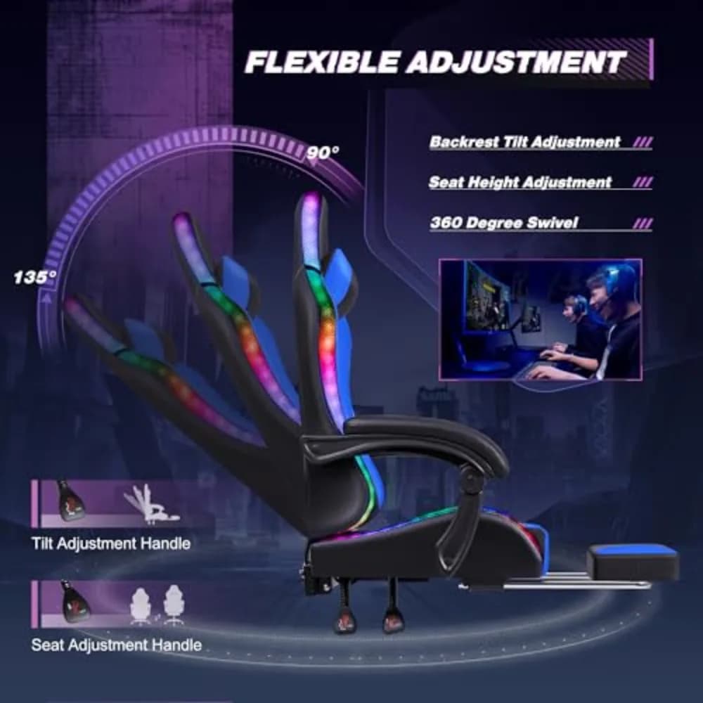 Gaming Chair, Video Game Chair with Footrest and Massage Lumbar Support, Ergonomic Computer Chair Height Adjustable