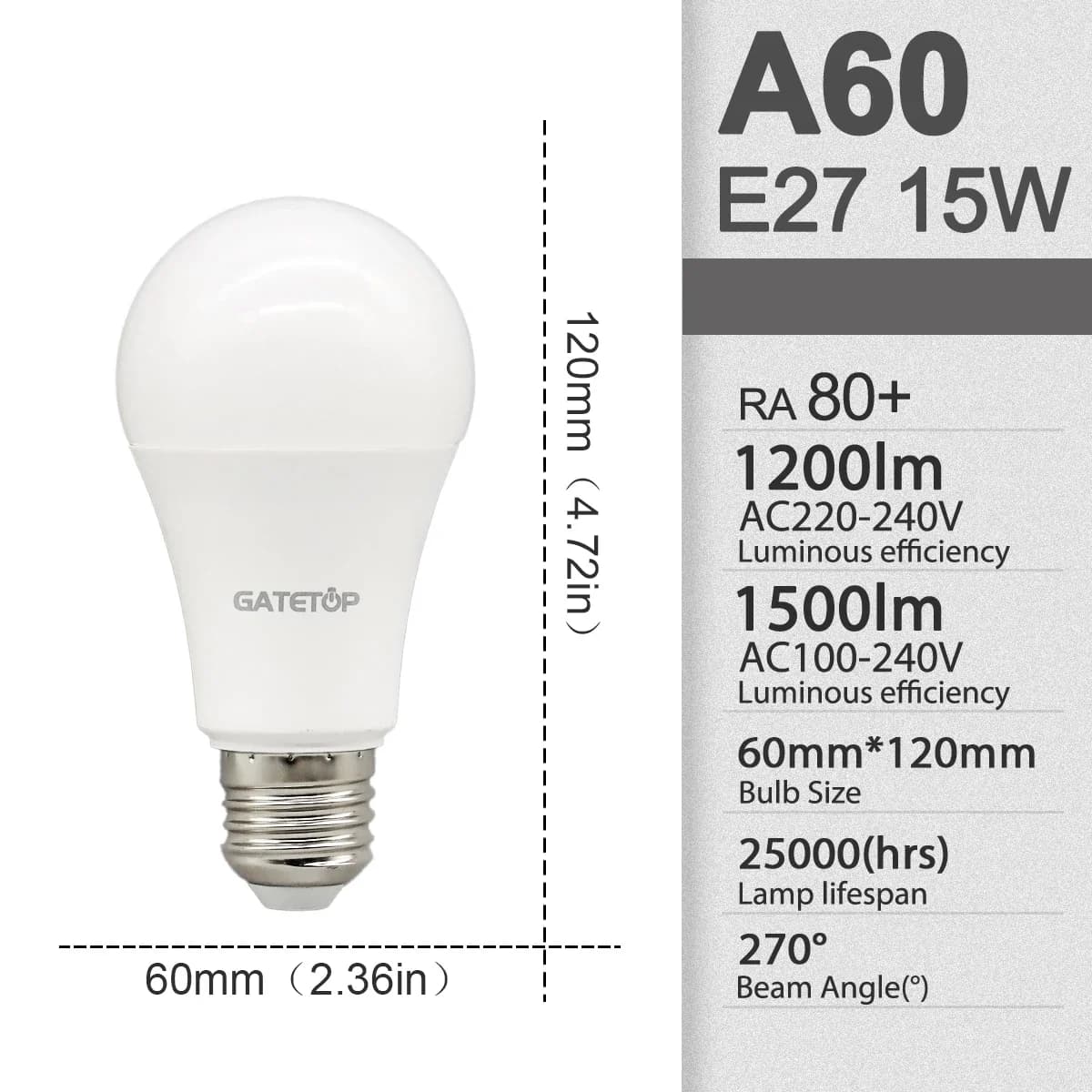 A60 15W / 6000K Cold white / AC100-240V