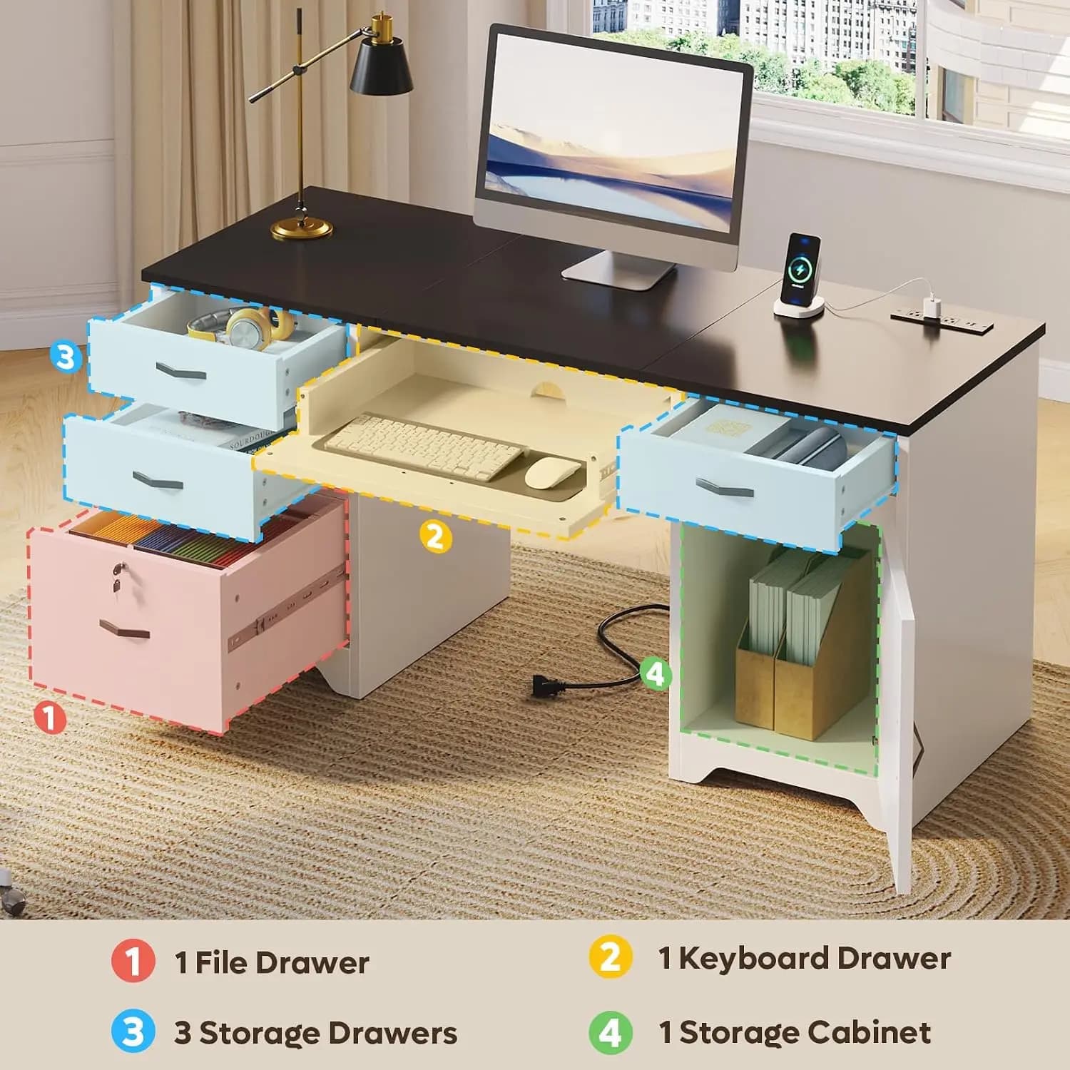 59" Office Desk with Lockable Drawers, Charging Station, Keyboard Tray, Storage Cabinet for Home Office, Customized
