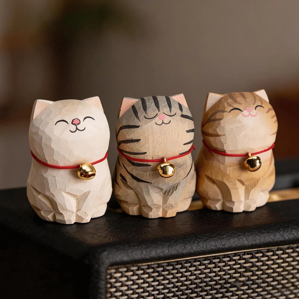 Cute Cat Animals Figurine Decorative Wooden Ornament Kitten Statue Calico Golden Gradient Cat Home Office Desk Car Decor Gift