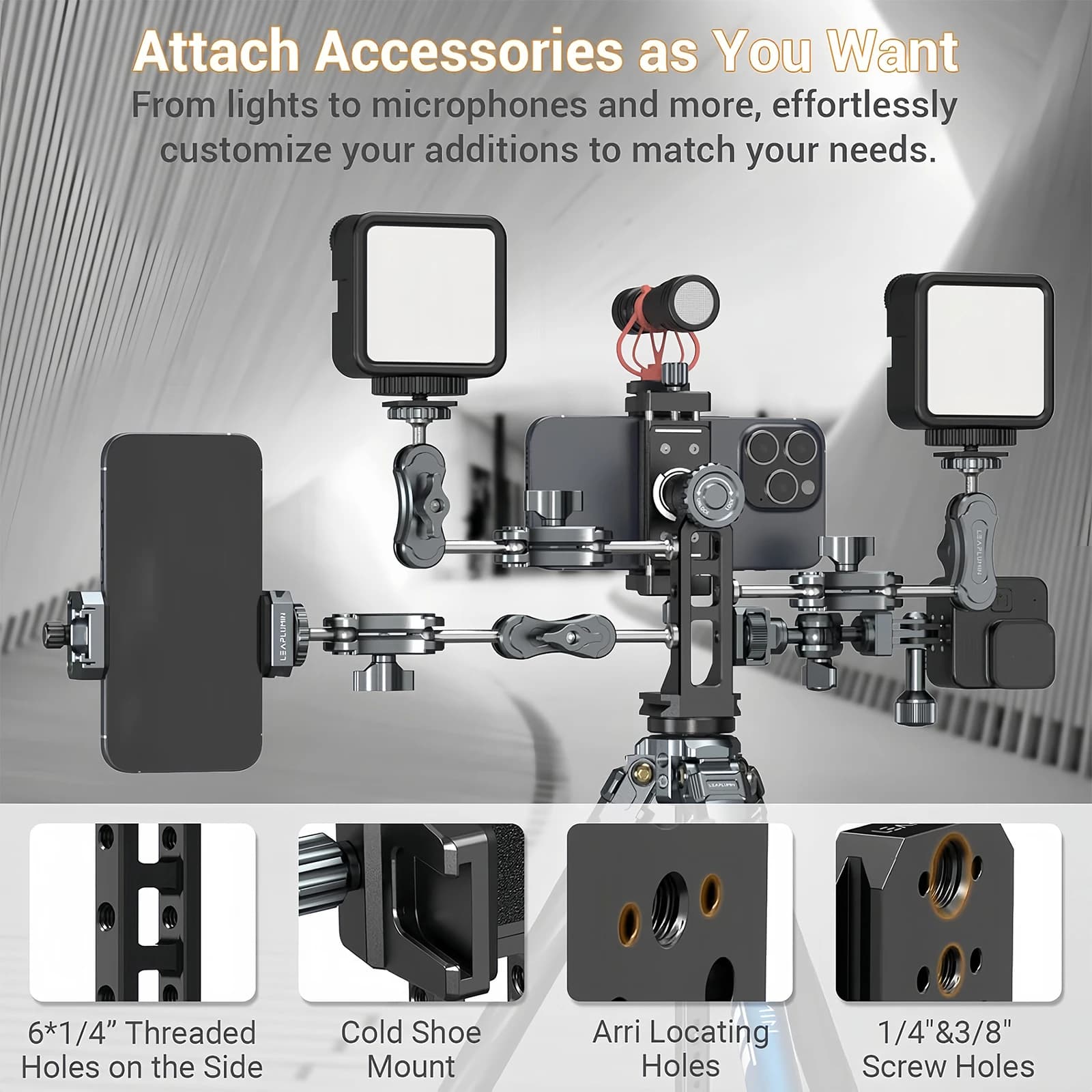 Metal Phone Mount for Tripod with Cold Shoes & Arca Port, 360° Rotatable Phone Holder Stand, 4 * 1/4" Screw Mount for iPhone 17
