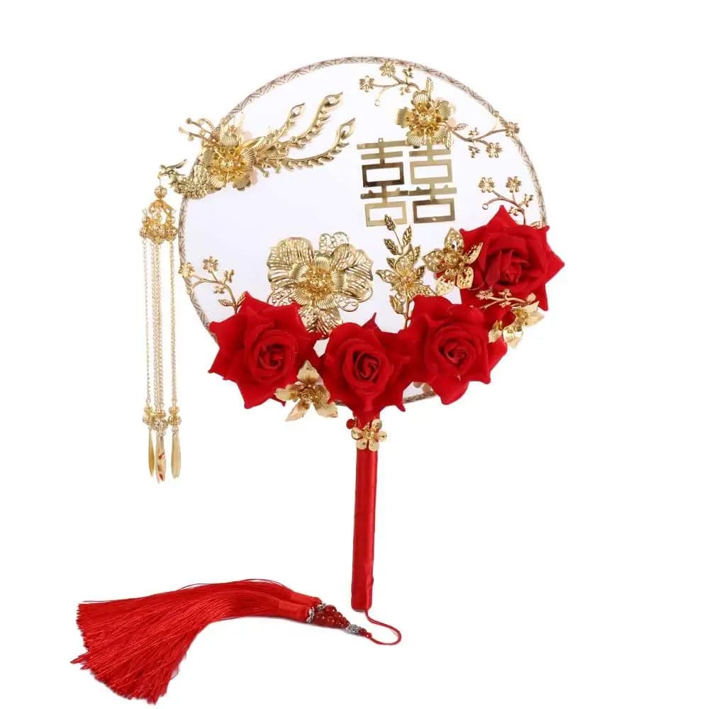 Chinese Wedding Decoration Prop Wedding Decorative For Bride Gold Red Bridesmaid Decor Craft Photography Ornaments Fan Bouquet