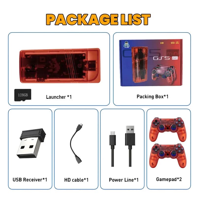 The GS5mini retro game console features dual wireless controllers, supports 4K high-definition output, and two-player gaming.