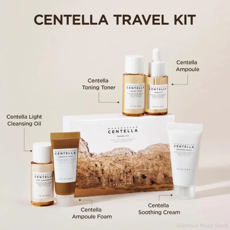 Korean Centella Travel Kit, Toner,Ampoule,Soothing Cream,Cleansing Oil,Ampoule Foam,Basic Daily Skincare Mini 5pcs Gift Sets