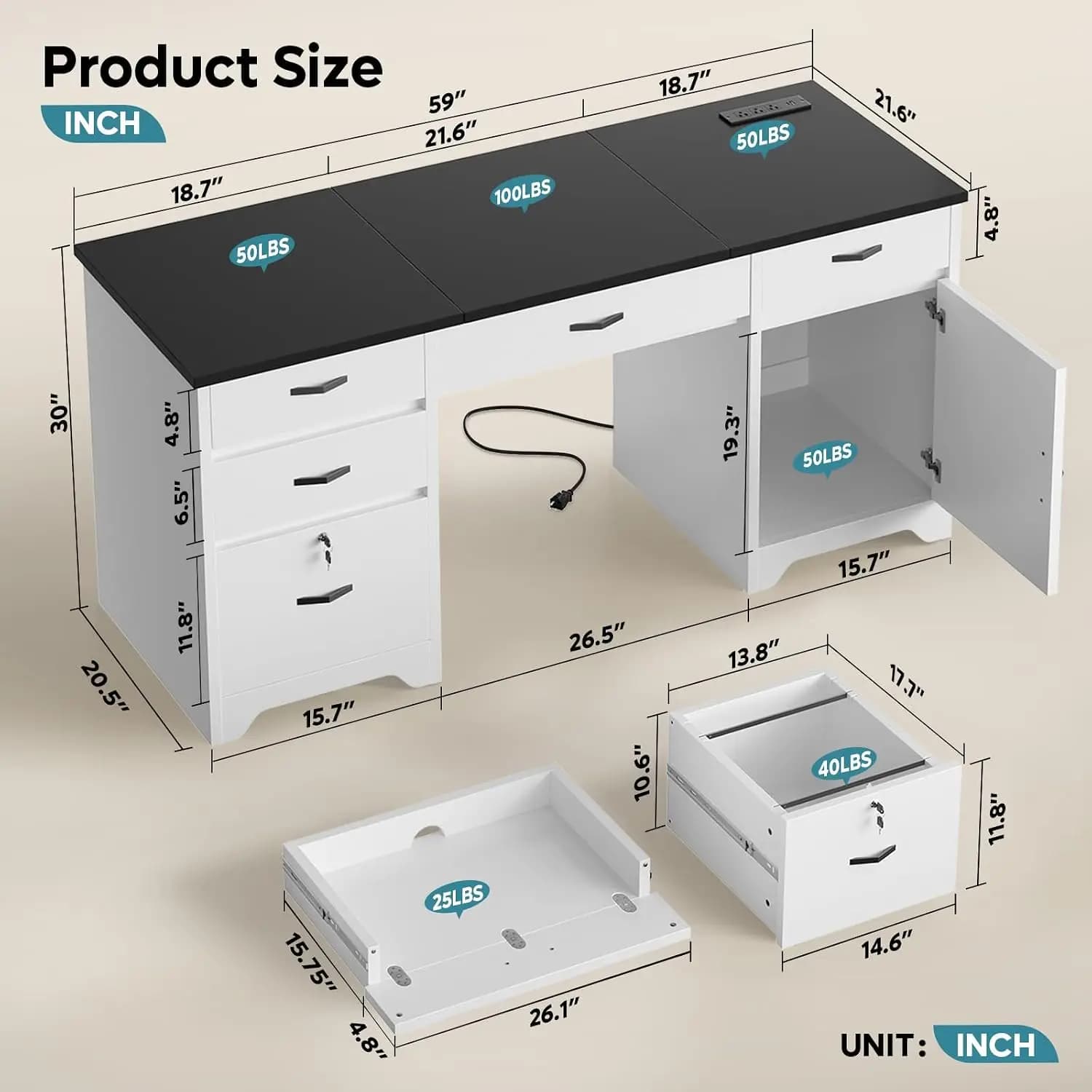 59" Office Desk with Lockable Drawers, Charging Station, Keyboard Tray, Storage Cabinet for Home Office, Customized