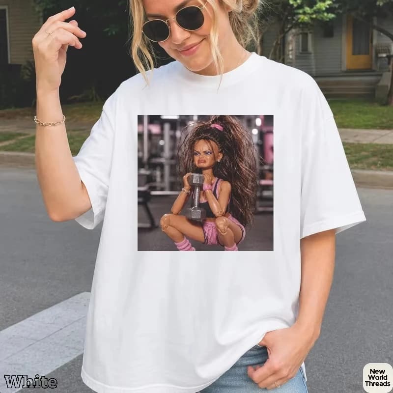 Fitness Doll Face Emoji T-shirt_ Satirical and Humorous Fitness Doll Pattern T-shirt Summer Oversized Unisex Streetwear Couples