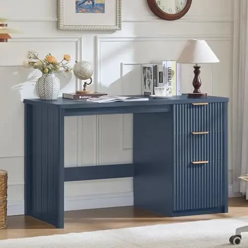 Office Desk 48" with 3 Drawers Storage File Cabinet | Wood Fluted Work Study Escritorio Desks for Computer Office