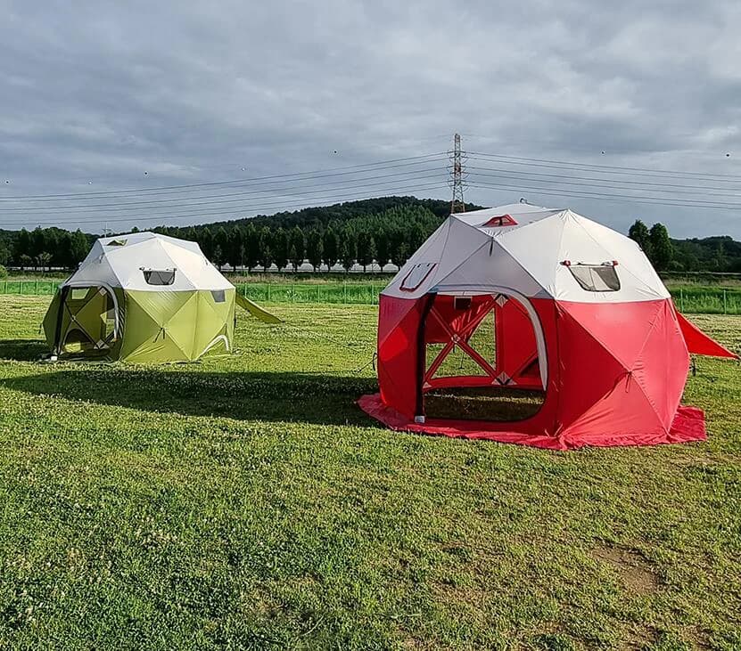 Unique design, pop-up camping tent with heat-activated deployment.