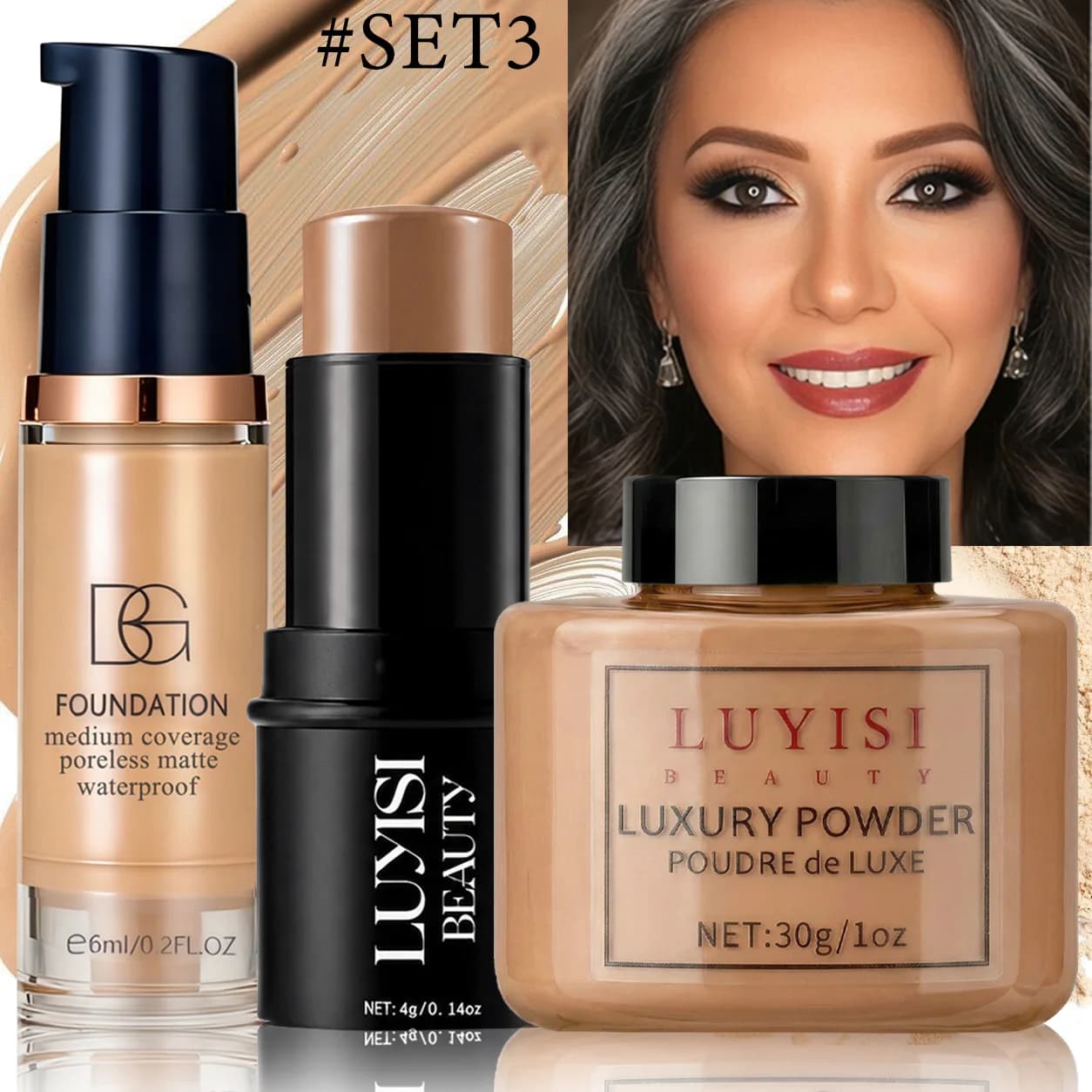 Facial Makeup Set:1PC Matte Foundation+1PC Contouring Stick+1PC Oil-Control Powder,Full Coverage,Waterproof And Sweatproof.