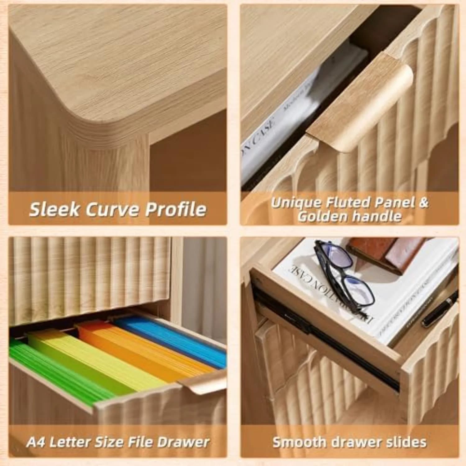 Office Desk 48" with 3 Drawers Storage File Cabinet | Wood Fluted Work Study Escritorio Desks for Computer Office