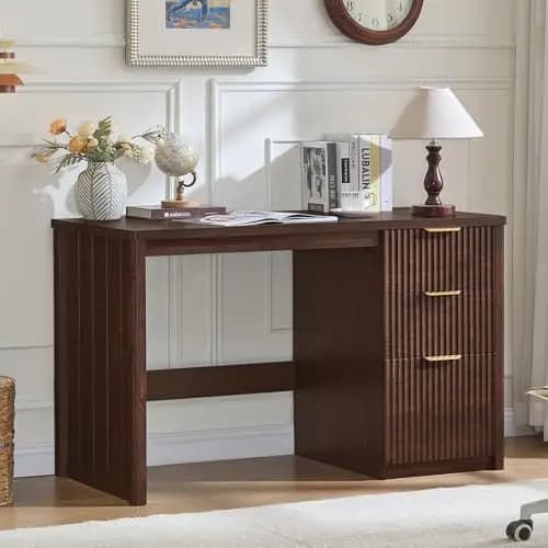 Office Desk 48" with 3 Drawers Storage File Cabinet | Wood Fluted Work Study Escritorio Desks for Computer Office