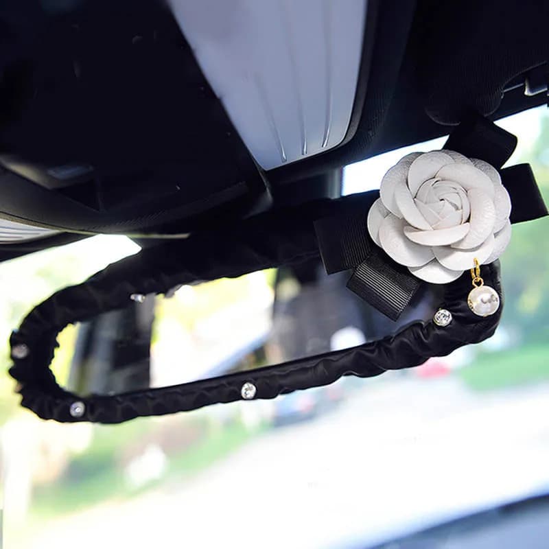 Camellia Flower Car Interior Accessories Crystal Leather Steering Wheel Cover Seat Belt Shifter Cover Auto Headrest Mirror Case