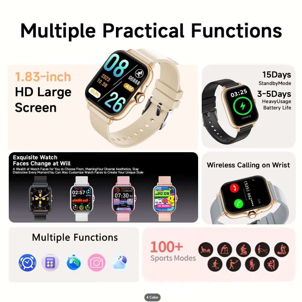 Smart Watch for Android iOS Ultra Low Power Bluetooth Calling Fitness Tracker Music Control Voice Assistant Metal Body Sports