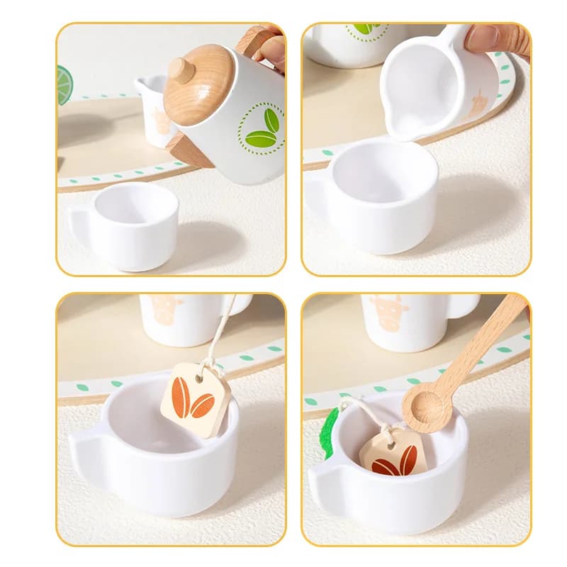 Kids Wooden Educational Toys Pretend Play Tea Dessert Set Role Play Game for Kindergarten Toddlers