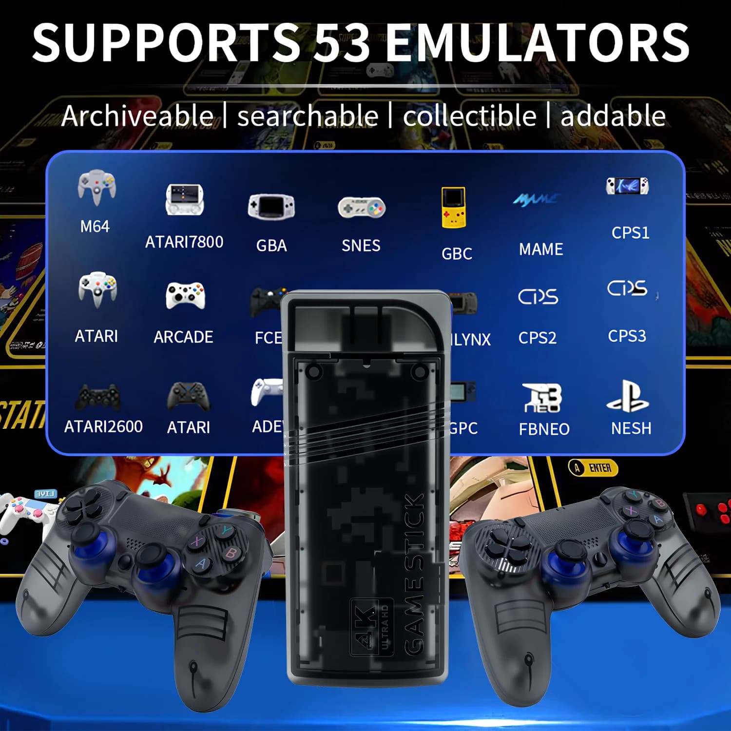 The GS5mini retro game console features dual wireless controllers, supports 4K high-definition output, and two-player gaming.