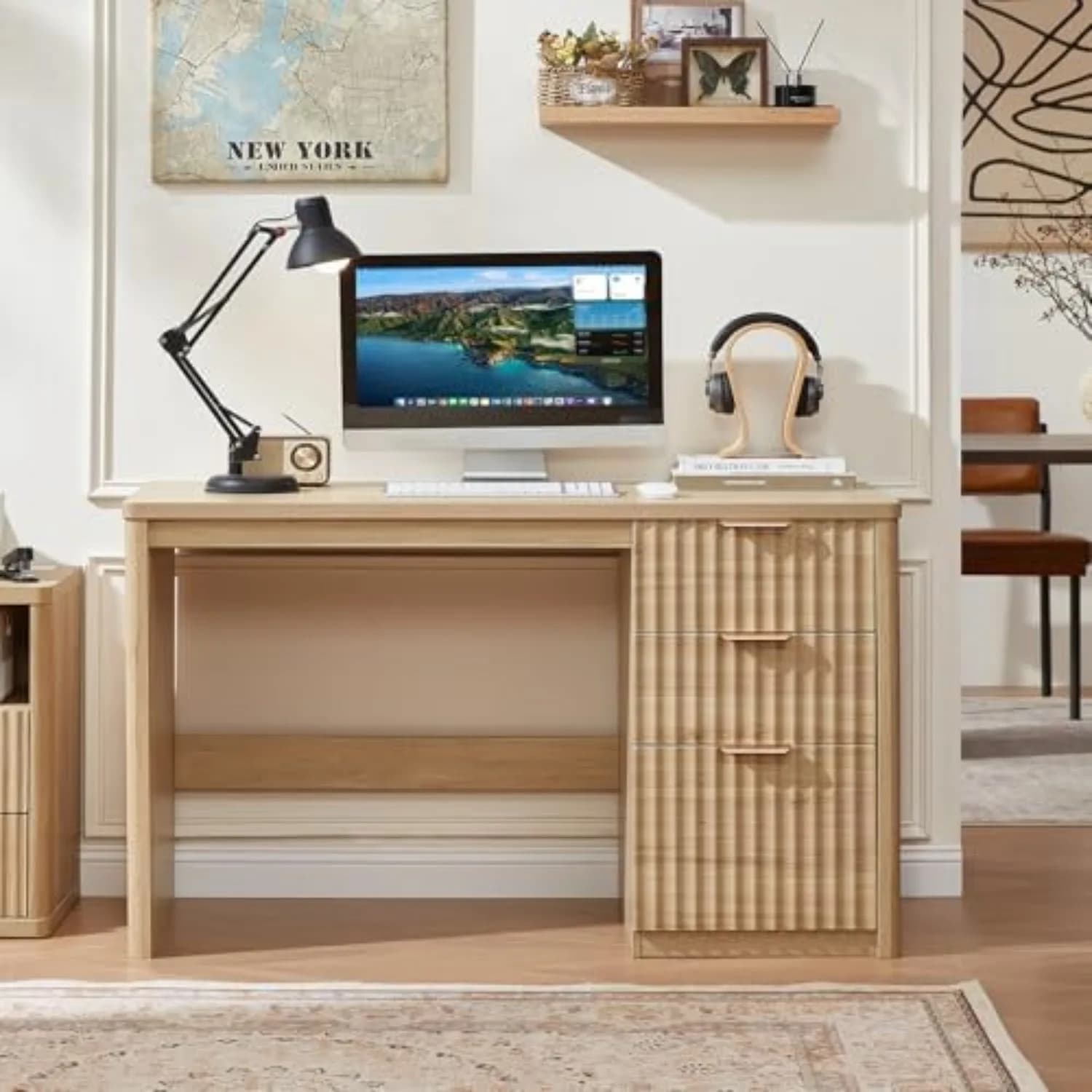 Office Desk 48" with 3 Drawers Storage File Cabinet | Wood Fluted Work Study Escritorio Desks for Computer Office