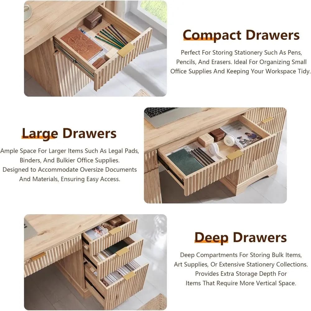 Oak Wood Executive Desk, 5 Drawers & 1 Cabinet, Built-in Outlet | Home Office Desk for Computer, Writing, Living or Bedroom Use