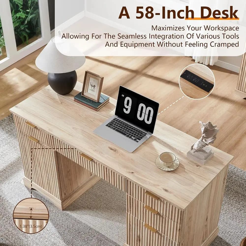 Oak Wood Executive Desk, 5 Drawers & 1 Cabinet, Built-in Outlet | Home Office Desk for Computer, Writing, Living or Bedroom Use