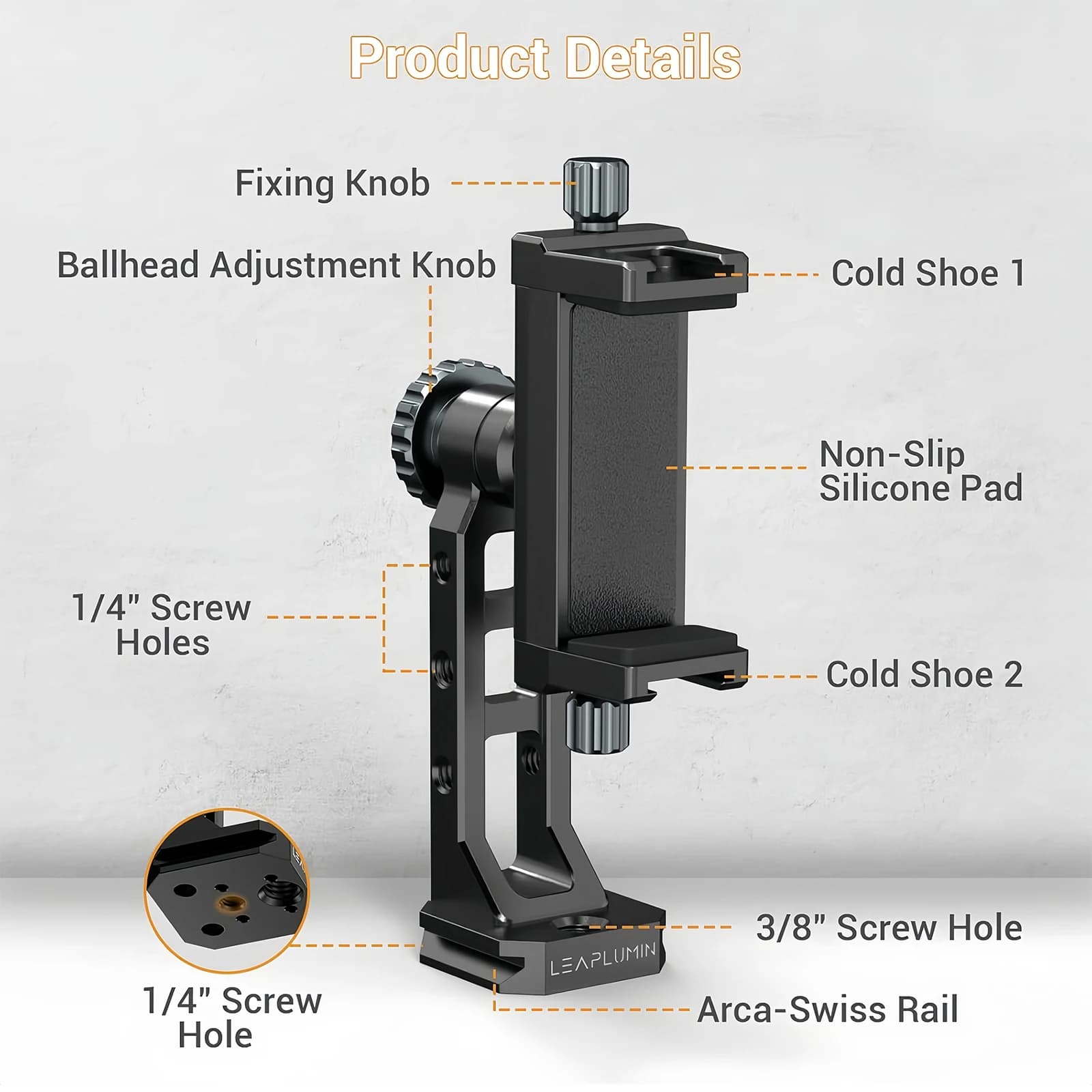 Metal Phone Mount for Tripod with Cold Shoes & Arca Port, 360° Rotatable Phone Holder Stand, 4 * 1/4" Screw Mount for iPhone 17