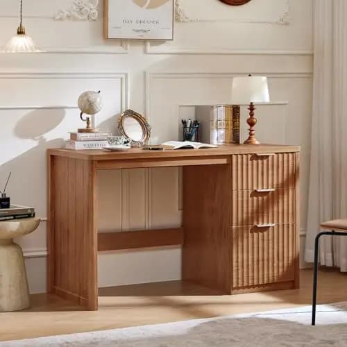 Office Desk 48" with 3 Drawers Storage File Cabinet | Wood Fluted Work Study Escritorio Desks for Computer Office