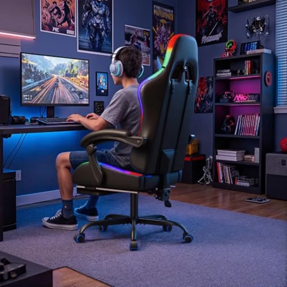 Gaming Chair, Video Game Chair with Footrest and Massage Lumbar Support, Ergonomic Computer Chair Height Adjustable