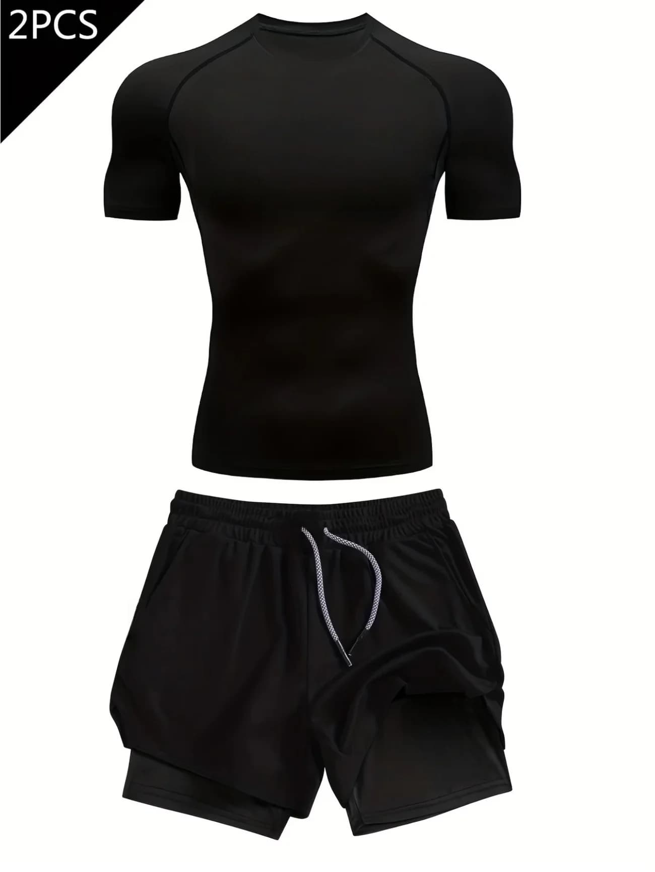 Men's fitness workout set, including a short-sleeve fitness T-shirt and double-layer athletic shorts