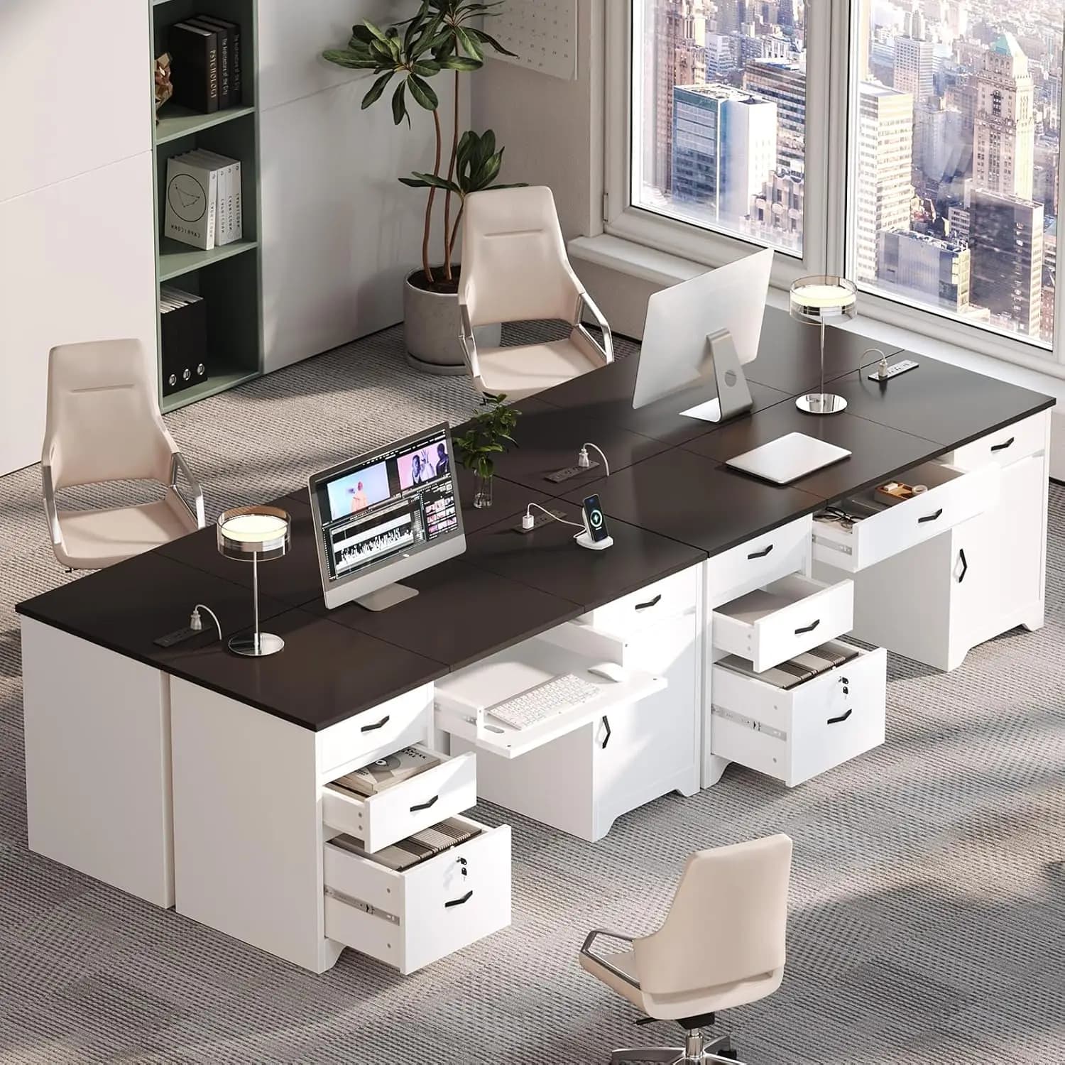 59" Office Desk with Lockable Drawers, Charging Station, Keyboard Tray, Storage Cabinet for Home Office, Customized