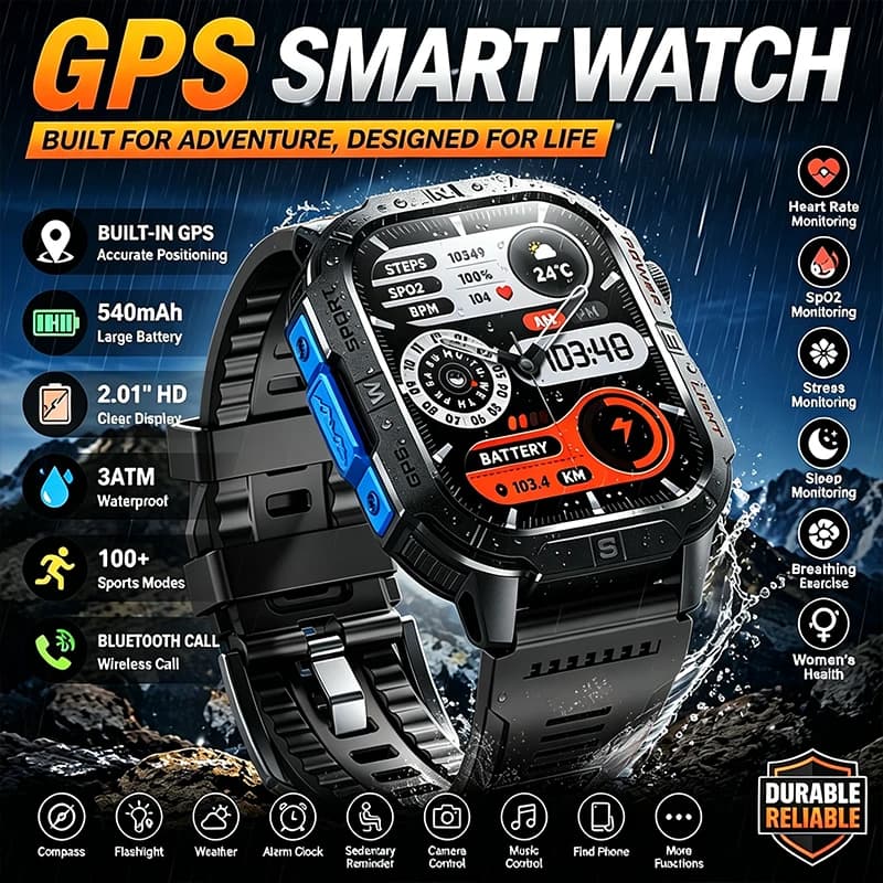 Smart Watch 2.01-inch Screen 540mAh 6 Satellite Positioning System 100+ Sports Modes IP68 Waterproof Bluetooth Call Smart Watch