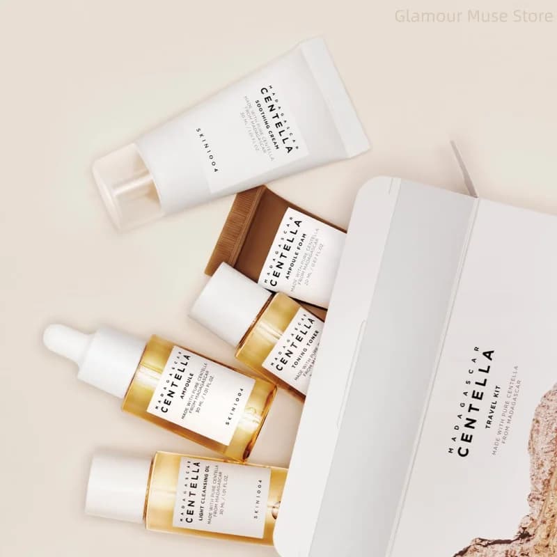 Korean Centella Travel Kit, Toner,Ampoule,Soothing Cream,Cleansing Oil,Ampoule Foam,Basic Daily Skincare Mini 5pcs Gift Sets
