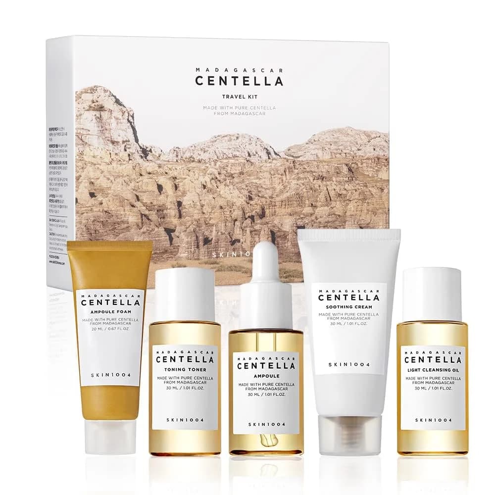 Korean Centella Travel Kit, Toner,Ampoule,Soothing Cream,Cleansing Oil,Ampoule Foam,Basic Daily Skincare Mini 5pcs Gift Sets