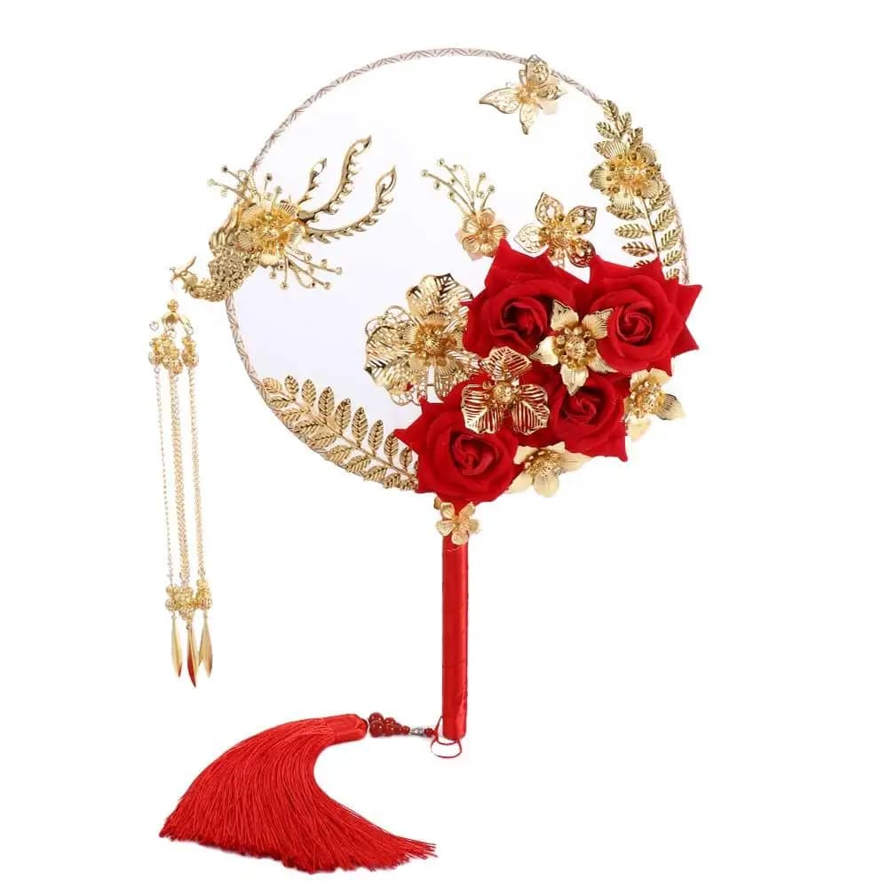 Chinese Wedding Decoration Prop Wedding Decorative For Bride Gold Red Bridesmaid Decor Craft Photography Ornaments Fan Bouquet